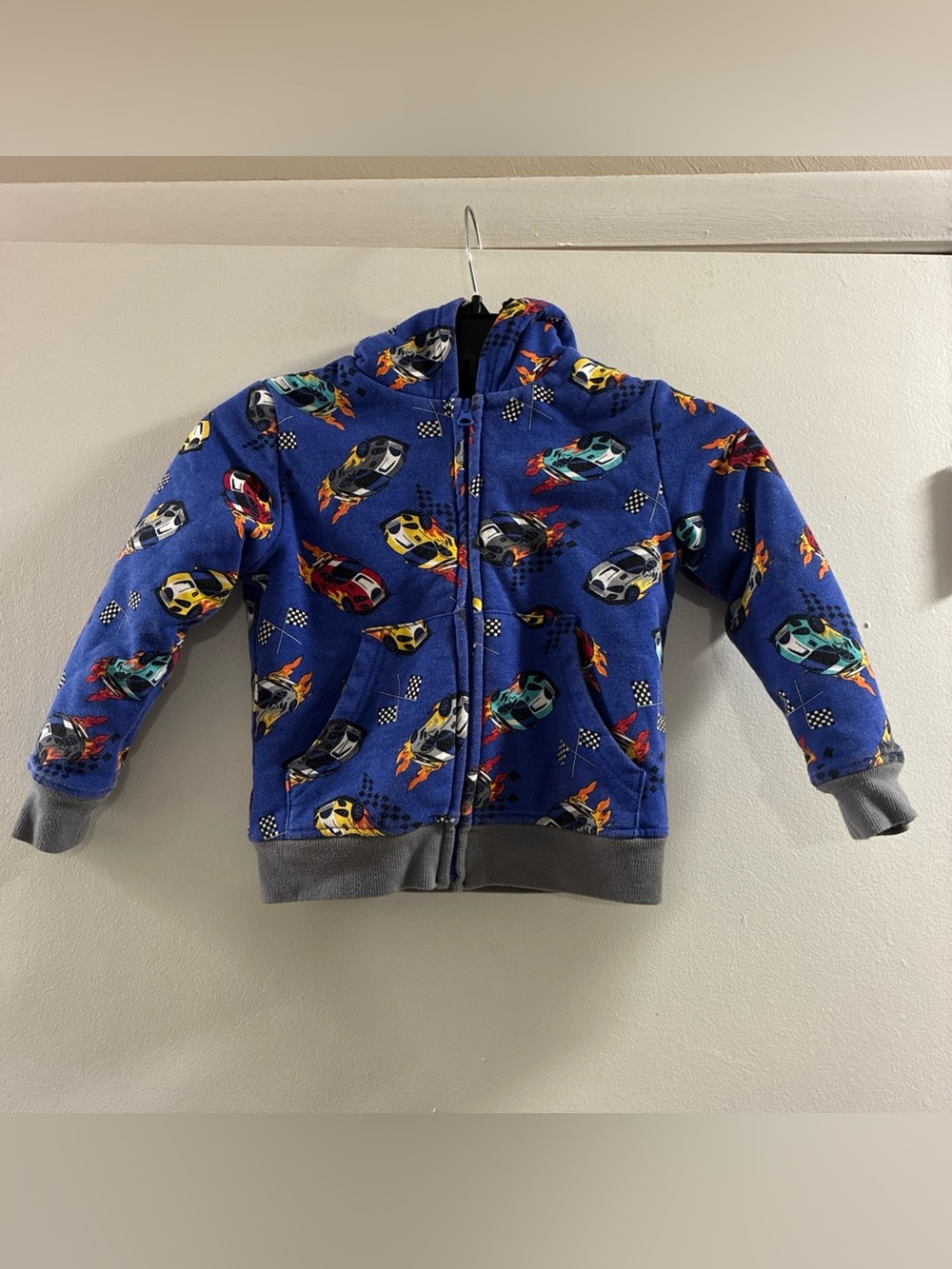 The Children's Place Royal Blue Hooded Zip Jacket with Racing Car Print